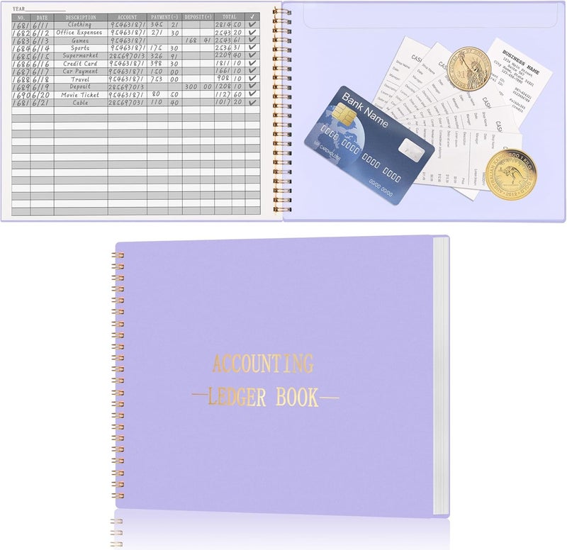 Hautoco Accounting Ledger Book for Small Business Bookkeeping Home Budget Tracking with 2 Storage Pouch, Accounting Log Journal Personal Money Ledger Expense Tracking Notebook 10.1 x 7.8'', Purple - Image 1